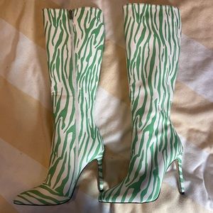 Green zebra print heeled boots